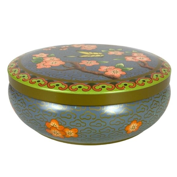 Vintage Daher Decorated Ware Lidded Tin Round Cherry Blossoms Butterfly Design - Picture 3 of 8